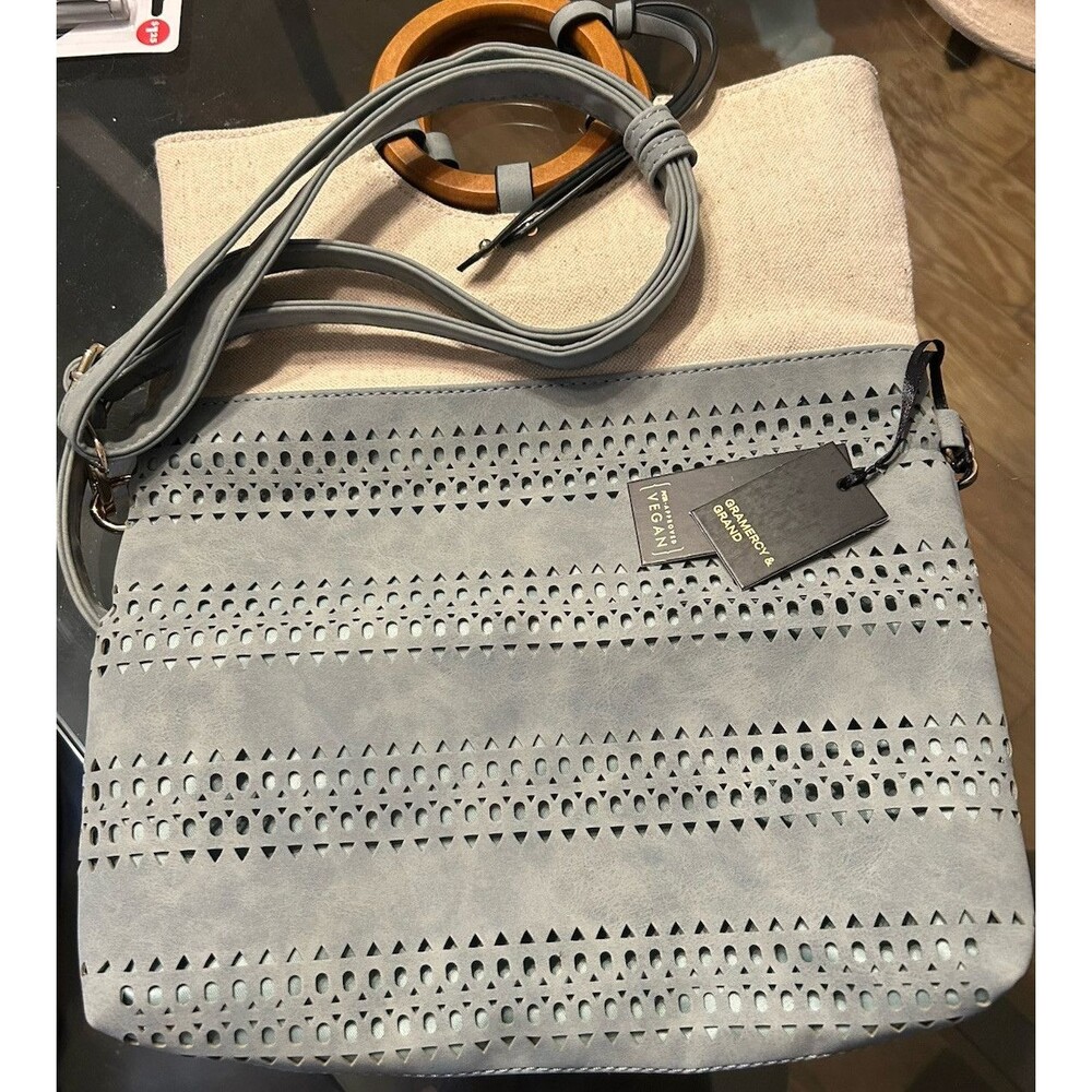 Gramercy & Grand Peta-Approved Vegan Purse, New w/tags Faux Suede & Beige Canvas